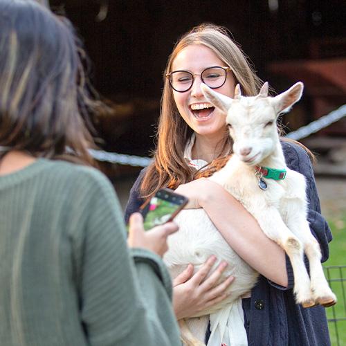 Girl smiling holding a goat.